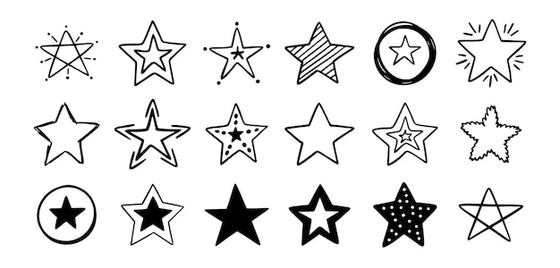 Met de hand getekende doodle sterren stellen verschillende tekensterren geïsoleerd op een witte achtergrond