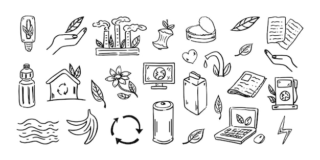 Met de hand getekende doodle vector illustratie van Ecologie probleem recycling en iconen Milieusymbolen