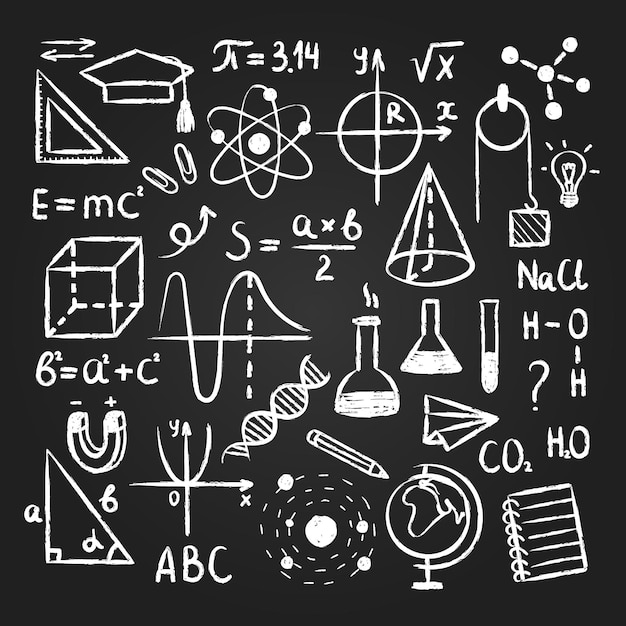 Met de hand getekende educatieve elementen op het bord wiskundige formules