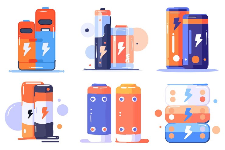 Vector met de hand getekende elektrische opslagbatterij in platte stijl geïsoleerd op de achtergrond