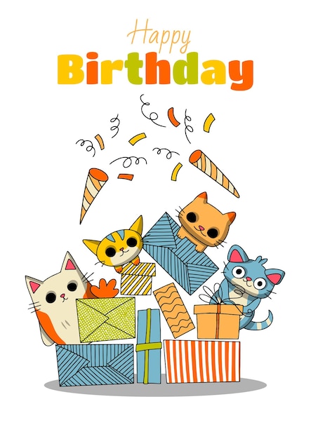 Met de hand getekende gelukkige verjaardagskaart met grappige katten met verjaardagskap en letters gelukkige verjaardag vector illustratie geïsoleerd op witte achtergrond goed voor posters t-shirts ansichtkaarten
