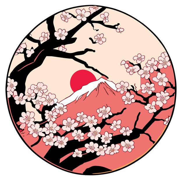 Met de hand getekende Japanse illustratie van kersenbloemen