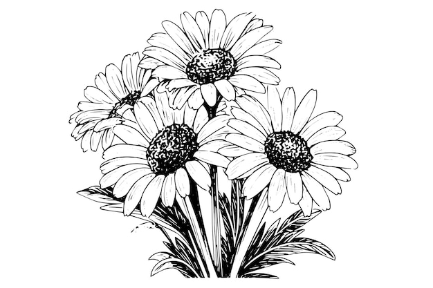 Met de hand getekende kamille inkt schets Daisy boeket gravure vector illustratie