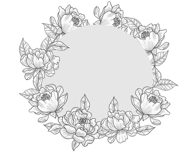 Met de hand getekende kroon van pioenbloemen en bladeren