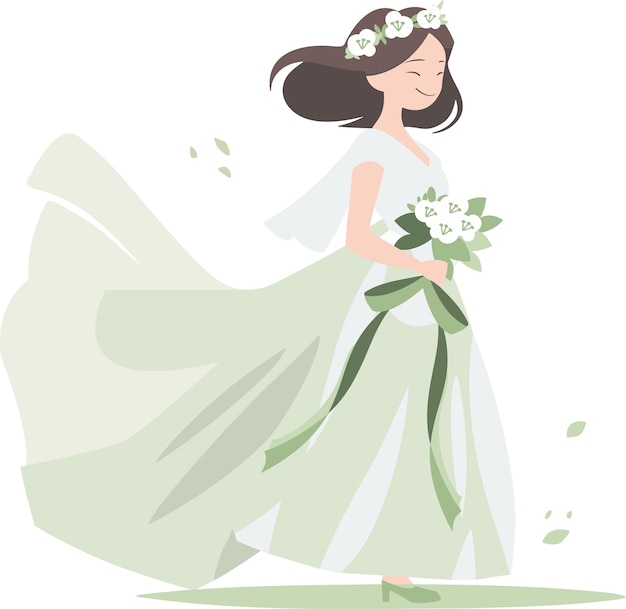 Met de hand getekende mooie en elegante trouwjurk in platte stijl geïsoleerd op de achtergrond