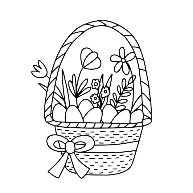 Vector met de hand getekende paasmand met eieren en voorjaarsbloemen vector kleurpagina