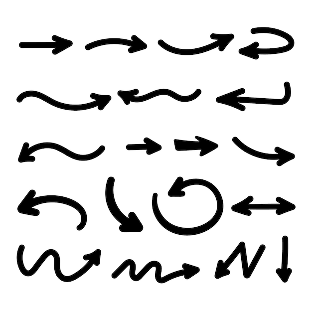 Met de hand getekende pijl pijlen richting wijzer cursor lijnen doodle scribble zwarte lijn kunst schets set