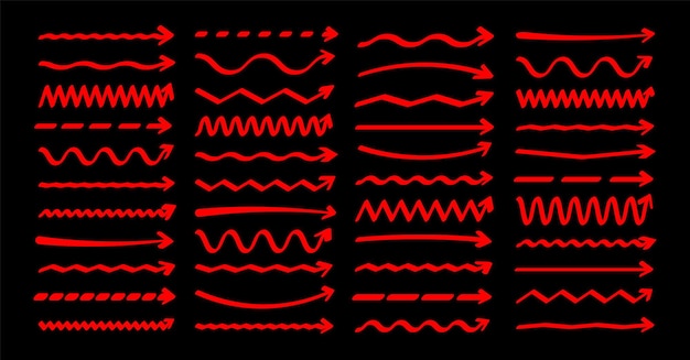 Met de hand getekende pijlen, gemarkeerde lijnen, rode marker, penseel, pen, onderstreepte handgeschreven tekst