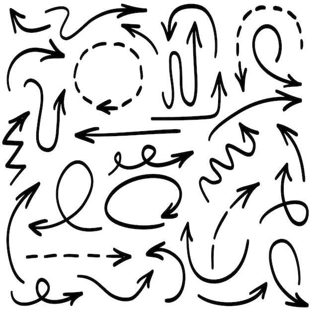 met de hand getekende pijlpictogrammen Stel pijlpiktogrammen in met verschillende richtingen Doodle vectorillustratie geïsoleerd op een witte achtergrond