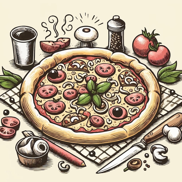 Met de hand getekende pizza cartoon illustratie