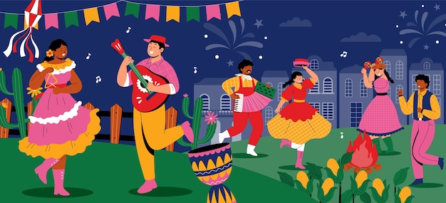 Vector met de hand getekende platte festa junina achtergrond met karakters