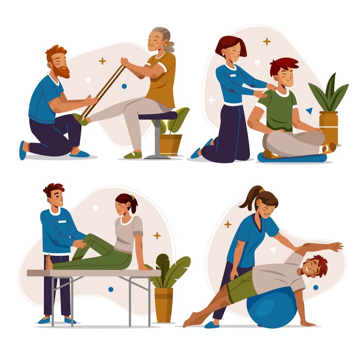 Vector met de hand getekende platte fysiotherapie mini-compositie set