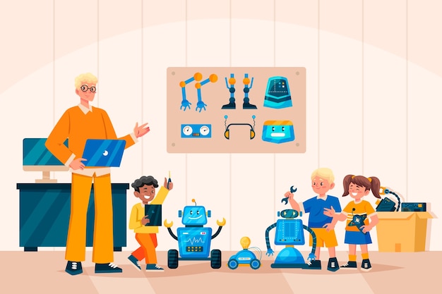 Met de hand getekende platte robotica voor kinderen compositie achtergrond