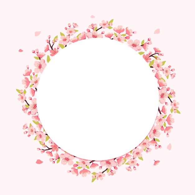 Vector met de hand getekende platte sakura boom frame achtergrond met kersenbloesem