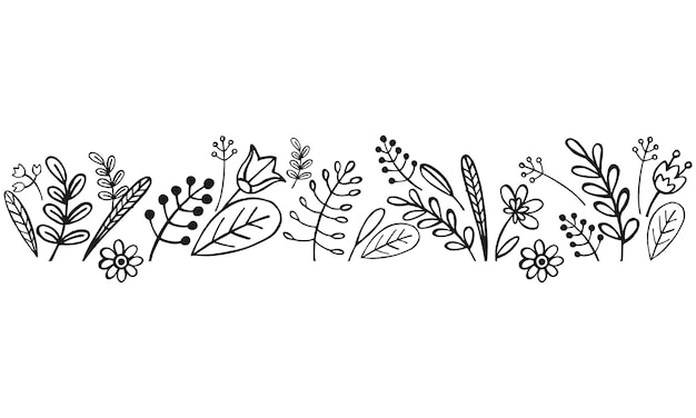 met de hand getekende rand van vectorplanten brunch van bloemen schets van bladeren bloemen knoppen kruiden inkt silhouet van bladeren monochrome illustratie geïsoleerd op witte achtergrond