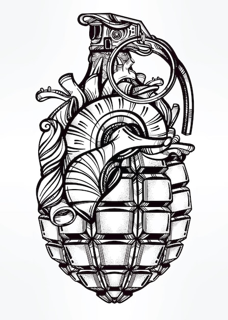 Met de hand getekende retro Heart of Grenade tekening vintage gedetailleerd tattoo ontwerp element Vector illustratie