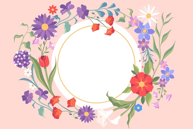 Vector met de hand getekende ronde bloemenframe-compositie met bloemen en bladeren op roze achtergrond