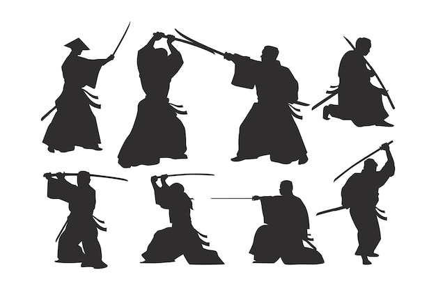 Vector met de hand getekende samurai silhouet set