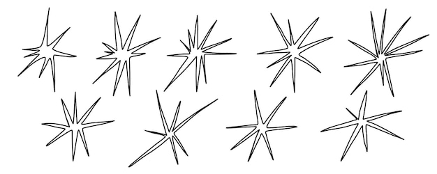 Vector met de hand getekende sterren doodle sparkle twinkle symbolen set van vector sparkle ster pictogram bright magic