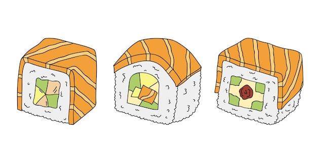 Met de hand getekende sushi roll clipart set Japanse traditionele keuken gerechten Aziatisch eten