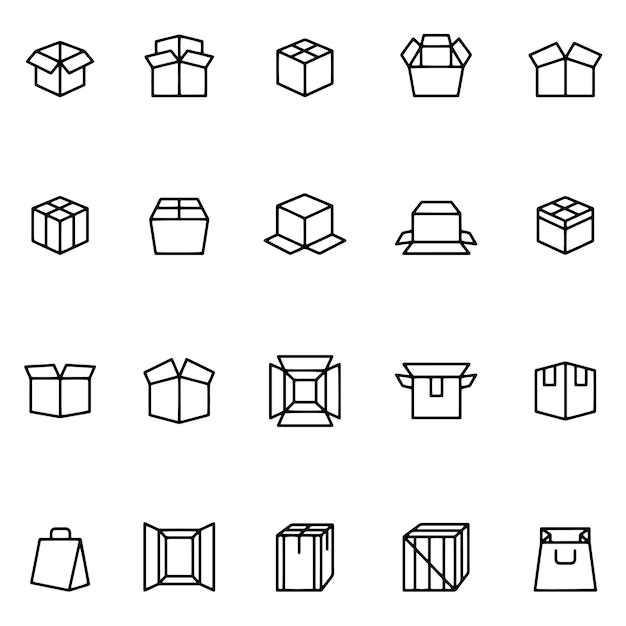 Met de hand getekende vectortekening Iconenverzameling van de doos Zwart-witte schets doorzichtige achtergrond