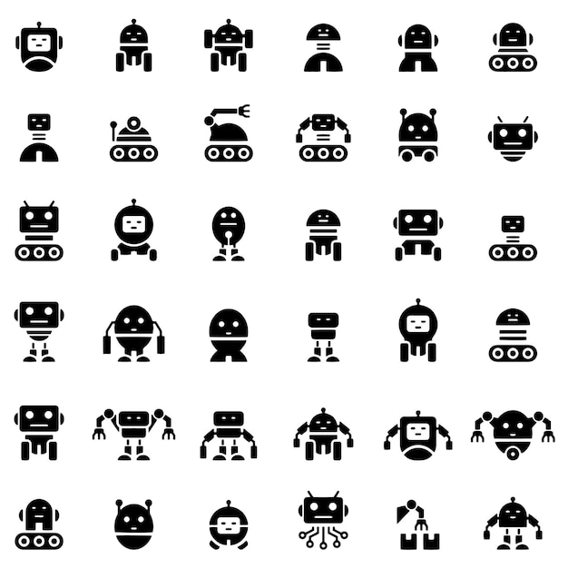 Met de hand getekende vectortekst Robot-iconset Zwart-wit schets doorzichtige achtergrond