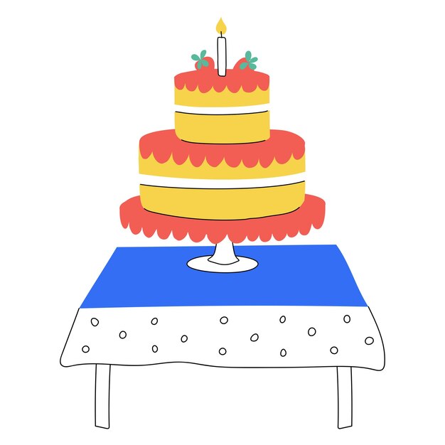 Met de hand getekende verjaardagstaart met kaarsen op de tafel met tafelkleed Zoet eten dessert Symbool van een feestelijke gebeurtenis Kleur platte vector illustratie geïsoleerd op een witte achtergrond