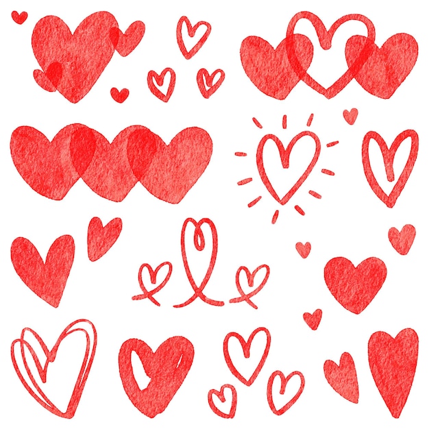 Vector met de hand getekende waterverf rode harten doodle set voor decoratie