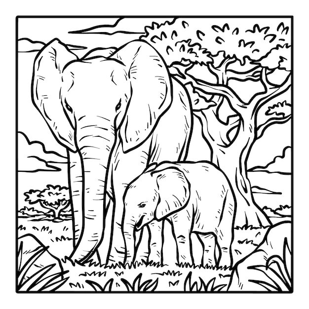 Met de hand getekende wilde dieren kleurpagina illustratie