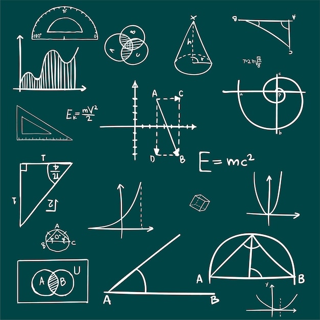 Met de hand getekende wiskundige tekens op krijtbord Grafische en formule wiskundig geometrische symbolen