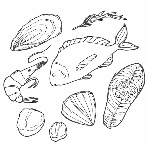 Met de hand getekende zeevruchten set Decoratieve iconen inktvis octopus zalm oesters schelpen kreeft