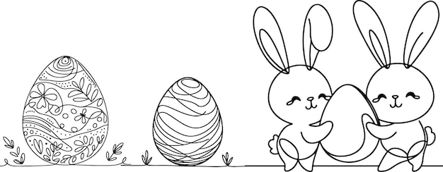 Met de hand getekende zwarte lijnkunst konijn paaseier doodle kleur lineair stijl vector illustratie element