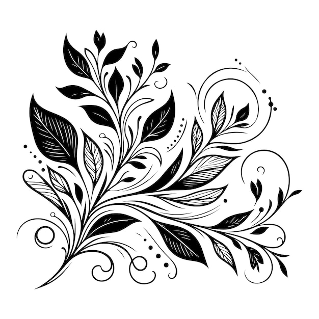 met de hand tekenen van een prachtig bloemenornament met bladeren en abstracte zwarte lijnen monochroom contour bloem bloemenontwerp element vector