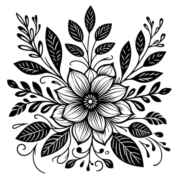 met de hand tekenen van een prachtig bloemenornament met bladeren en abstracte zwarte lijnen monochroom contour bloem bloemenontwerp element vector