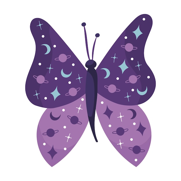Met één hand een vlinder tekenen op witte achtergrond in paarse kleuren met sterren en maan vector