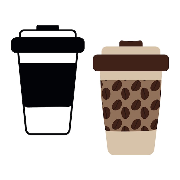 Met een patroon van koffiebonen en zwart-witte wegwerpkoffiekopjes met een deksel.