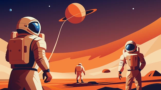 Met een verre planeet op de achtergrond wordt het team getoond tijdens een ruimtewandeling om te verzamelen