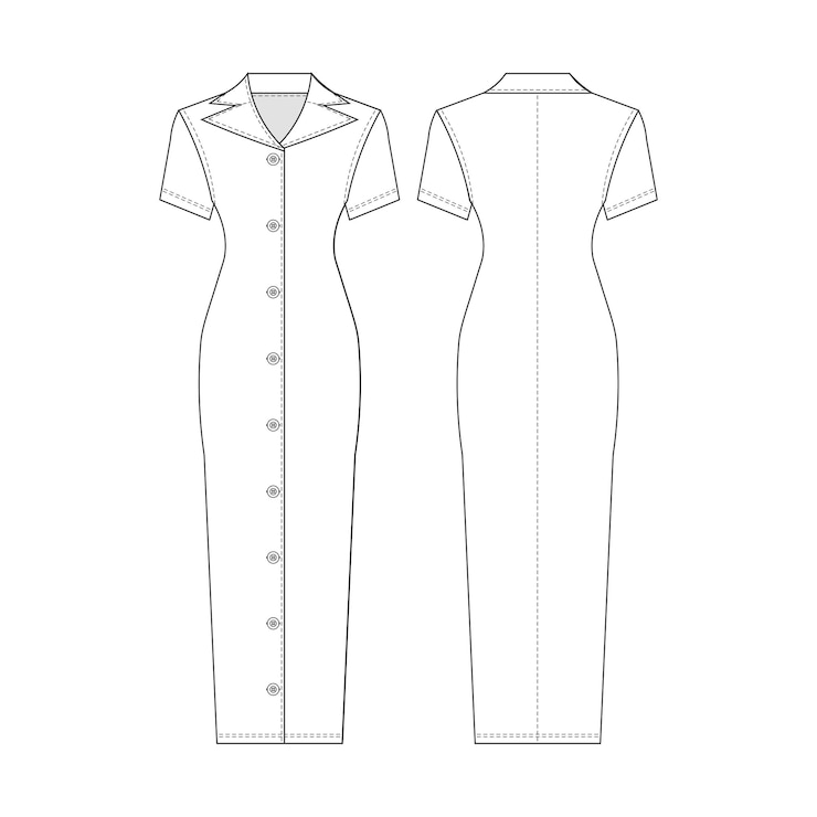 Vector met kraag korte mouw met knoopjes fit bodycon elastisch potlood gesneden lang maxi midi jurk sjabloon technica
