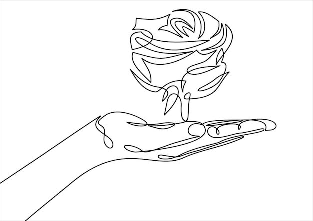 met roze bloem in palm doorlopende lijn vector tekening