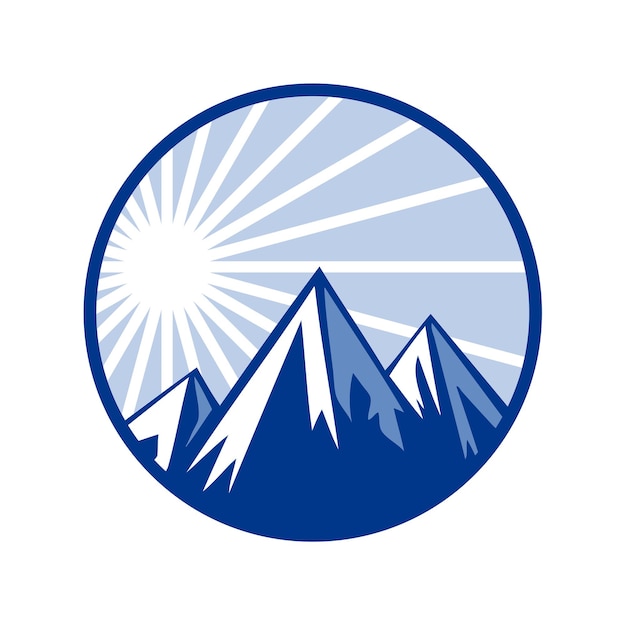 Met sneeuw bedekte bergen bij zonsopgang of zonsondergang met de zon achter hen Vector blauwe sjabloon logo ontwerp