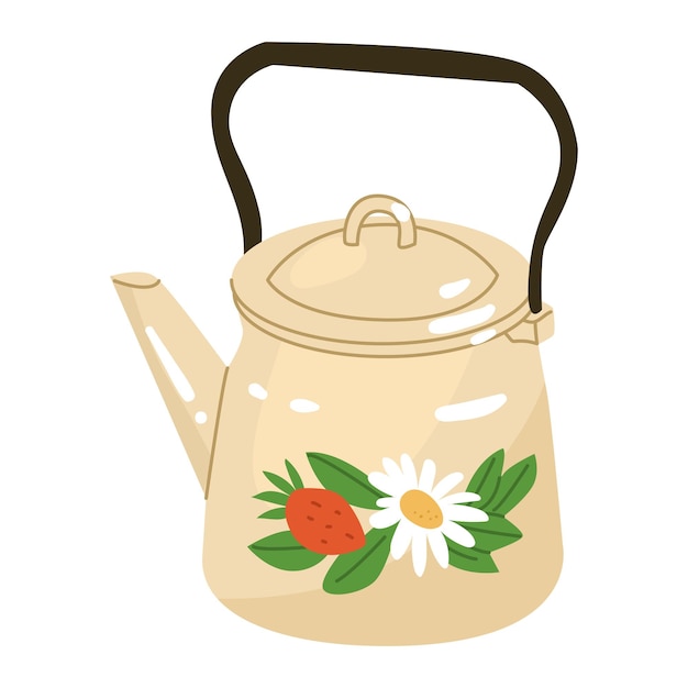 Metaal geëmailleerde theepot met bloemen en bessen Een apparaat om water te koken en dranken warm te houden Vector illustratie Geïsoleerd object op witte achtergrond