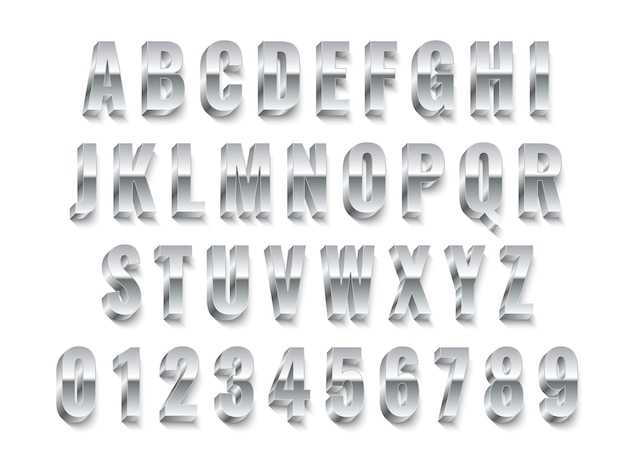 Vettore carattere 3d in metallo realistico argento maiuscolo inglese lettere e numeri moderno bianco acciaio alfabeto collezione cromo tipografia platino abc simboli lettere design vettore isolato insieme