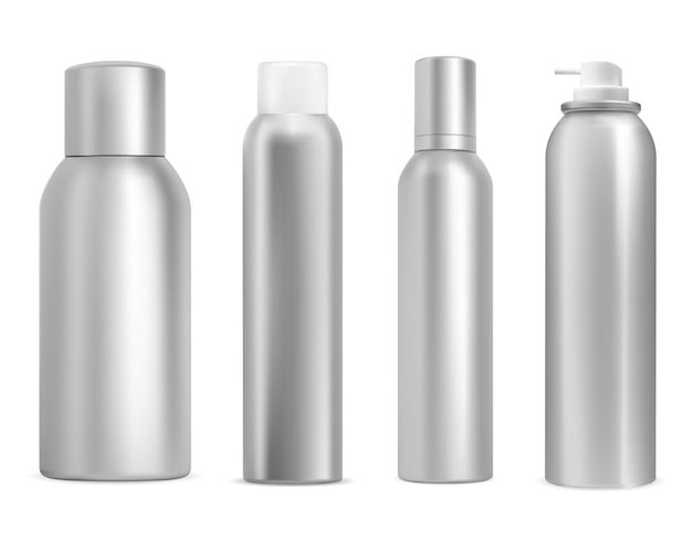L'aerosol di metallo può mockup. flacone spray deodorante in alluminio, coperchio in plastica argentata