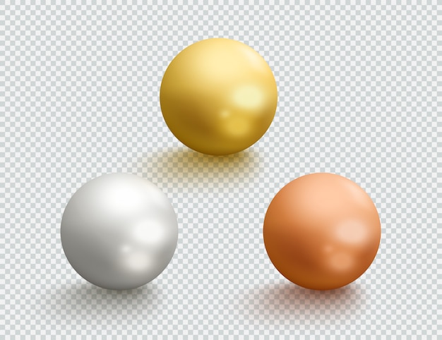 Vector metal balls gold silver bronze 3d spheres set