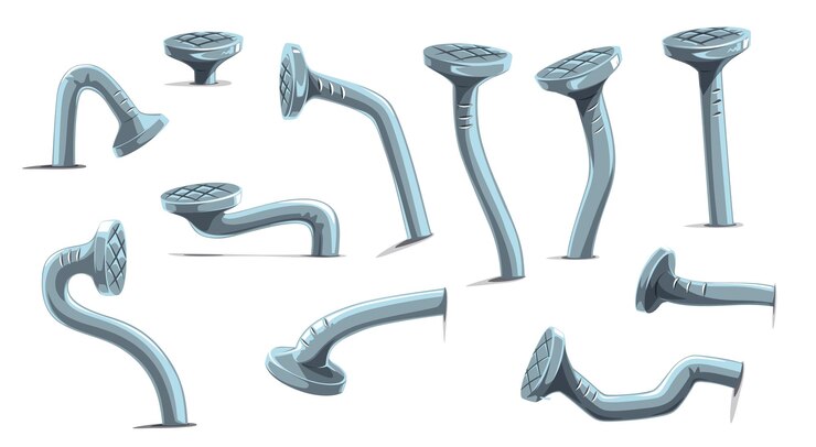 Vector metal bent wall nails and hobnails or hammer pins