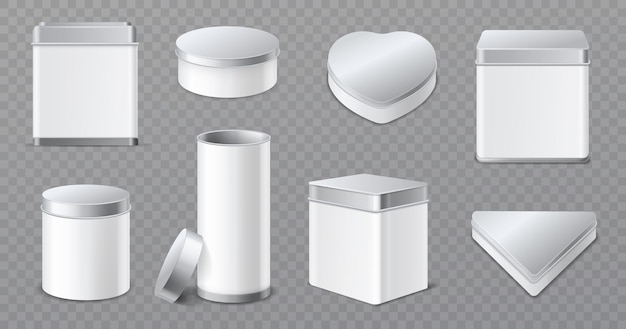 Metal boxes Realistic tin jars 3d white and aluminum caps containers products blank packaging tea cookies and candy storage Vector mockup set isolated on transparent background