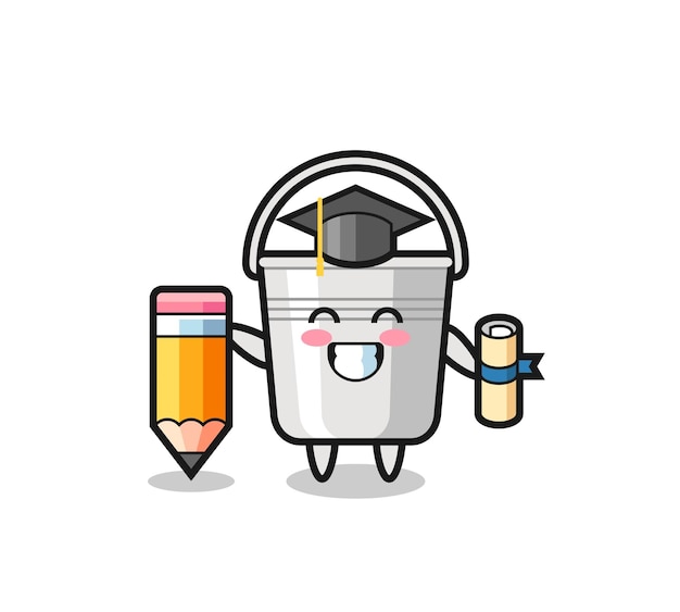 Metal bucket illustration cartoon is graduation with a giant pencil