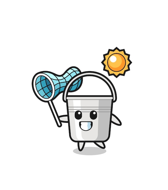 Metal bucket mascot illustration is catching butterfly