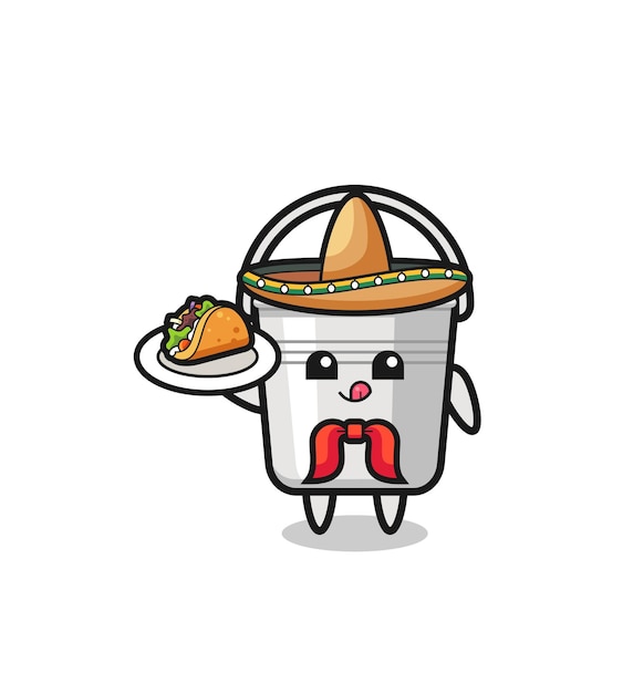 Metal bucket Mexican chef mascot holding a taco cute design