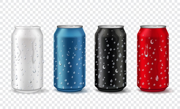 Vettore lattine di metallo con gocce. modello realistico di lattina di alluminio nei colori bianco, rosso, blu e nero. pacchetto di soda o birra con set di vettori di condensazione. illustrazione banca in alluminio vuoto, confezione in metallo color birra